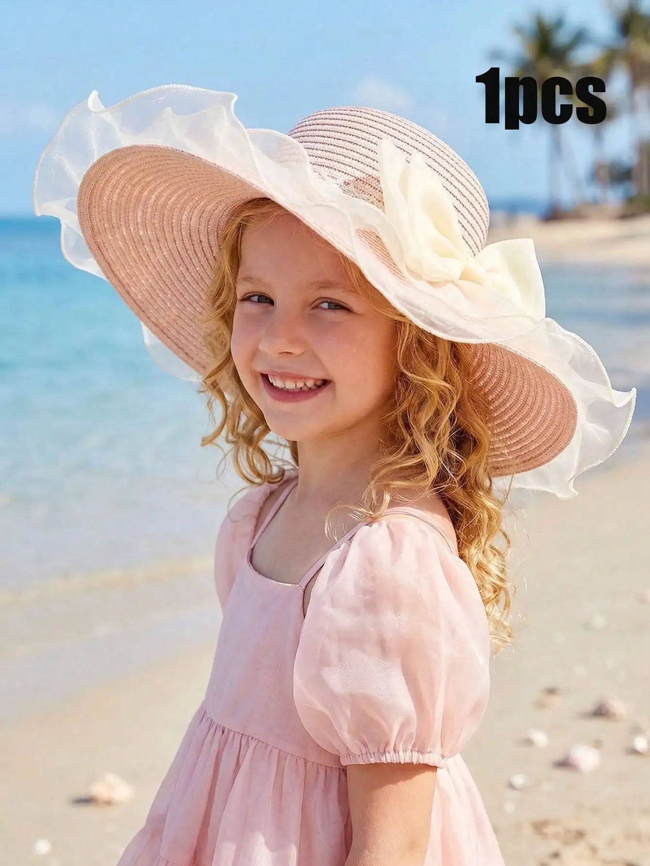 

1Pc 3-8Y Girls Super Wide Brim Pink Straw Hat Pink Bow Lace Double Layer Mesh Summer Sun Hat