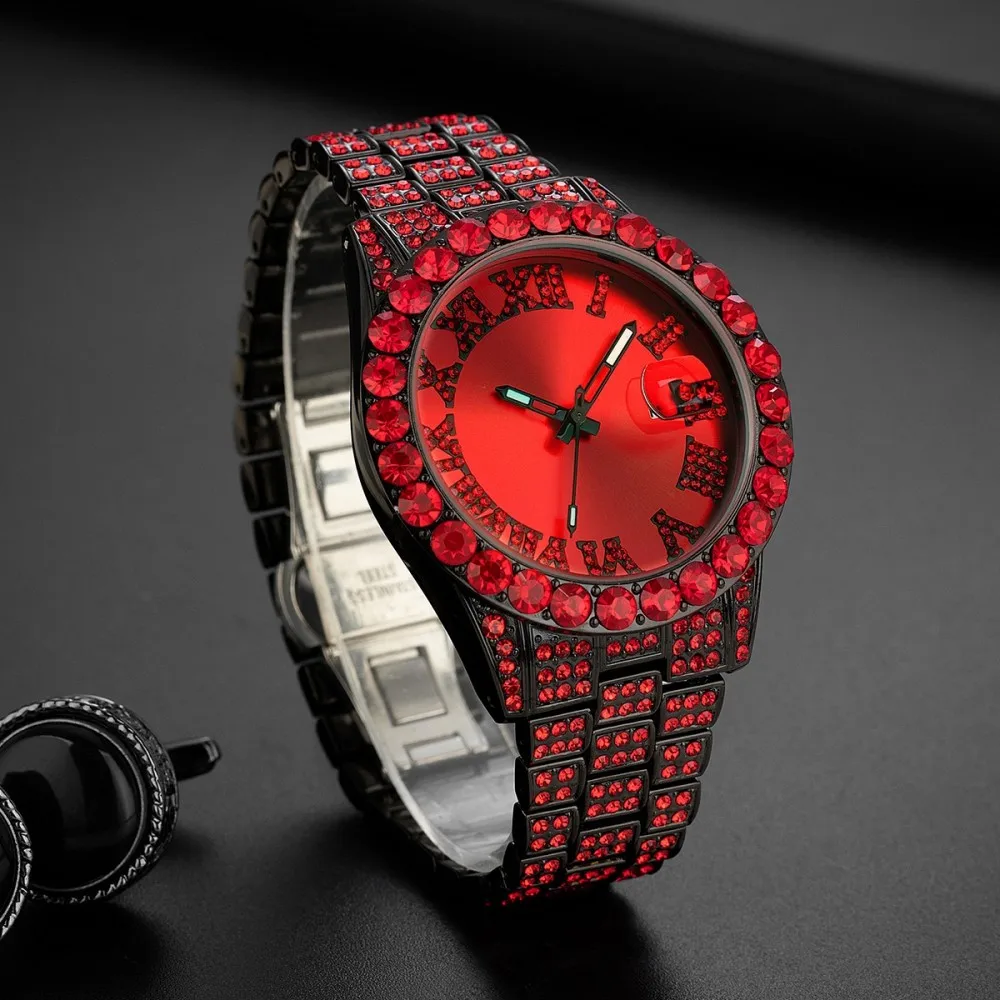 MISSFOX Men Crystal Quartz Watch Full Paved Rhinestone Alloy Wristwatch Roman Numeral Dial Waterproof Ladies Dress Bracelet Watch Gift