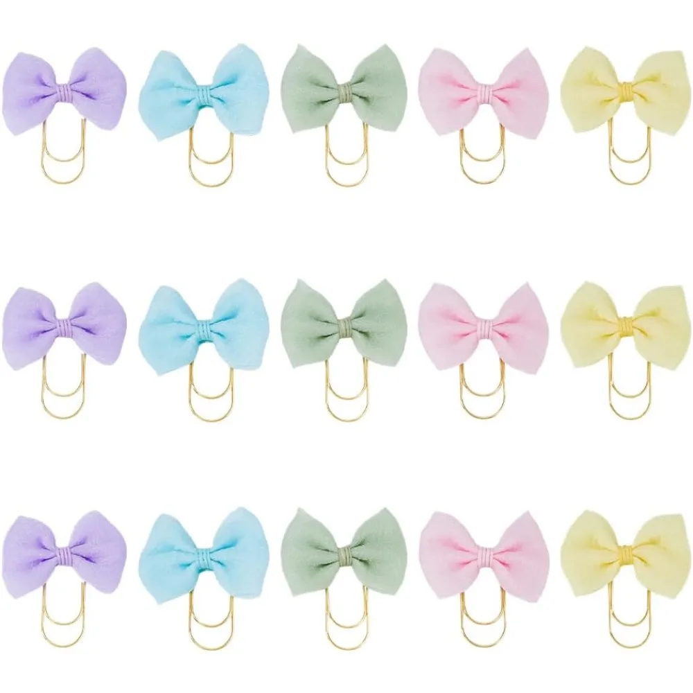 15Pcs 5 Colors Bow Paper Clips Golden Metal Paperclips 2.9x2.7in Planner Clips Soft Cloth Bowknot Bookmarks Dainty