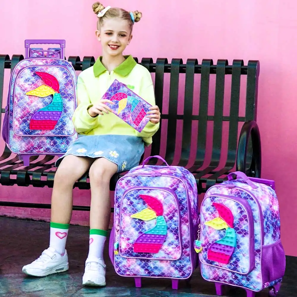 Rolling Backpack for Girls and Boys,Kids Unicorn Dinosaur Bookbag with Roller Wheels, Suitcase School Bag Set