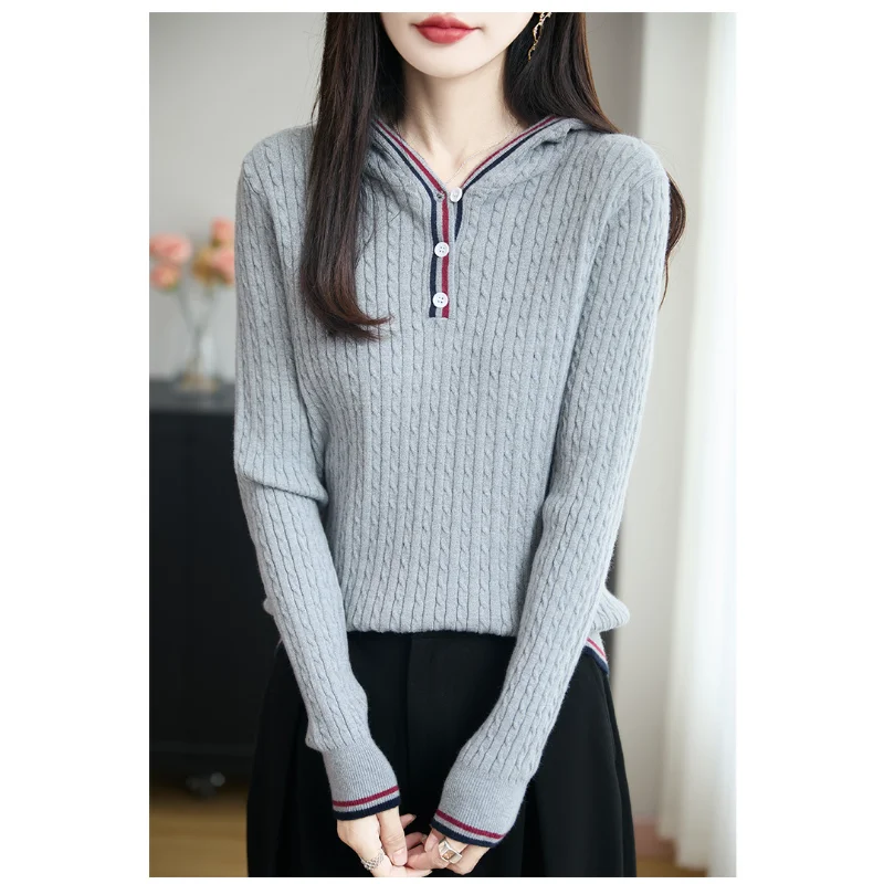 

Женский свитер с капюшоном и полуоткрытым воротником, свободная вязаная куртка в ленивом стиле, универсальный утолщенный теплый топ в корейском стиле