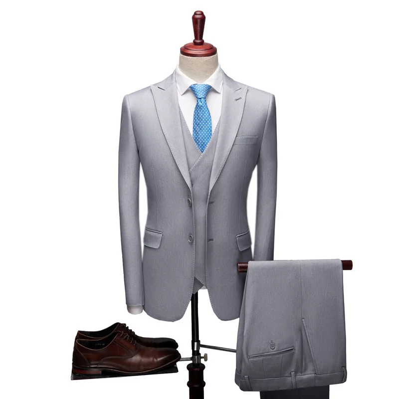 New Men's Suits in Europe and America Korean Version of Slim Groom's Dress Wedding Boutique Light Gray Suit Three-piece Men Suit