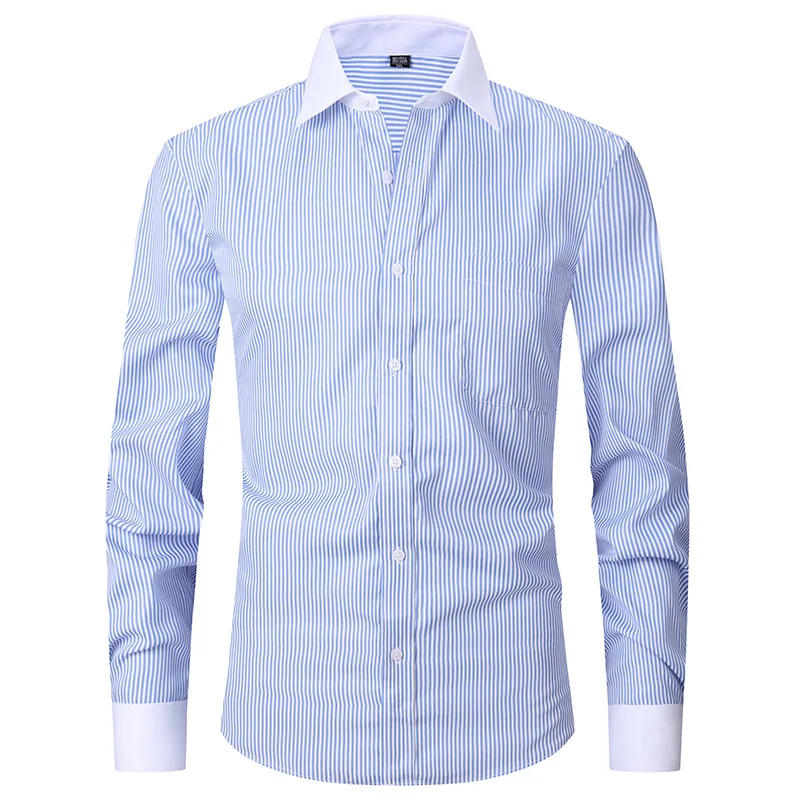 L108 camisa francesa masculina de manga larga a righe de color sólido