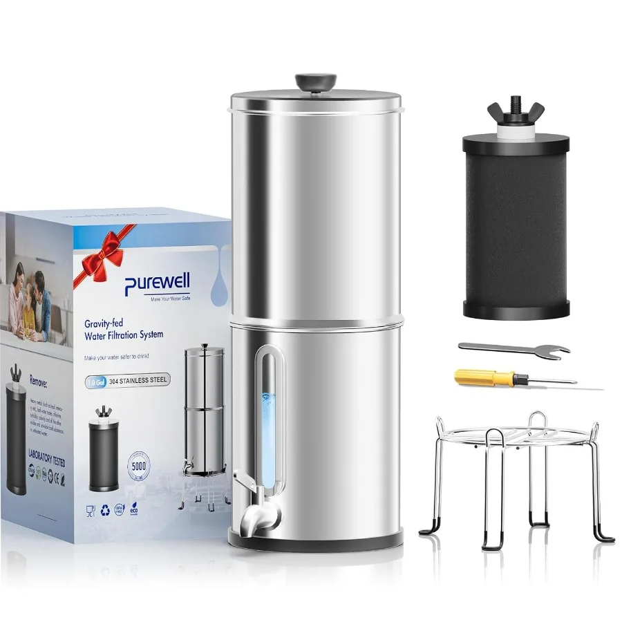 

1.0 Gallon Portable Gravity Water Filter System 4-Stage 0.01m Ultra-Filtration Countertop with Water Level Window and Stand Red