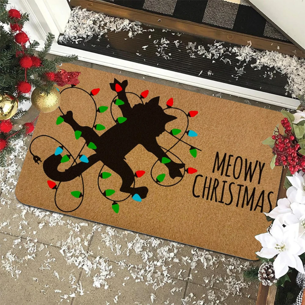 Black Cat Christmas Lights Print Doormat entryway front porch indoor hallway home decor Christmas Holiday Decor Rug