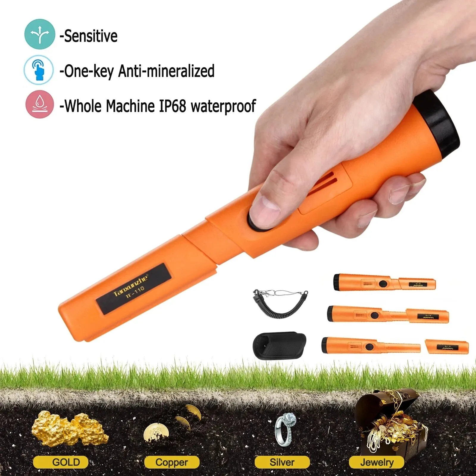 TC-110 Handheld Metal Detector Positioning Rod With Anti-scratch Protection Cover Metal Pinpointing IP68 Waterproof