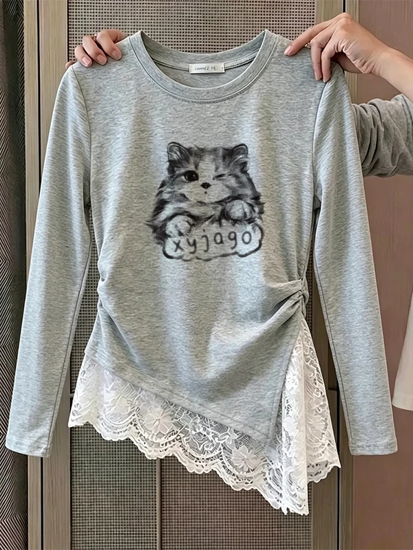 Gray Long Sleeve Lace Splice Slim Fit T-Shirt Women's Early Autumn Cartoon Wrinkles Base Shirt Trendy Top Korean Style