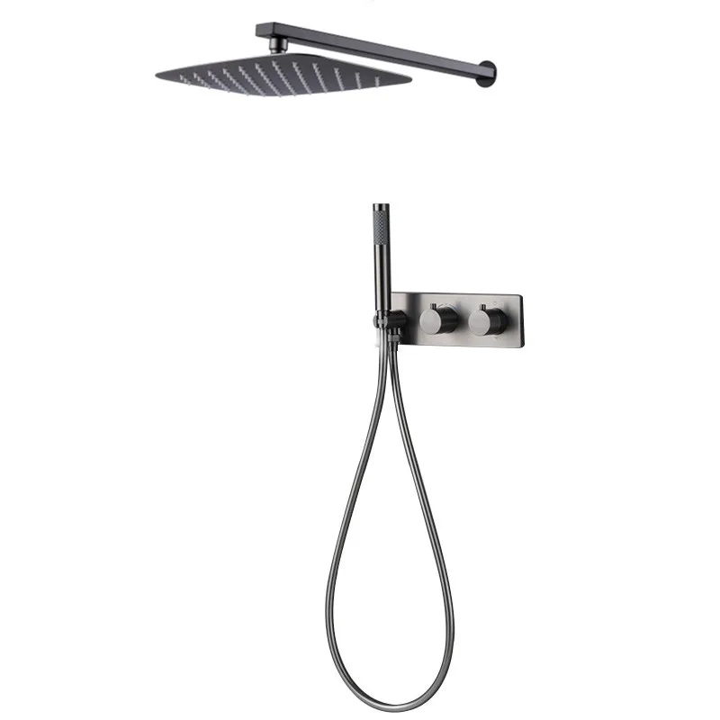 Gun metal top wall mount 12 inch shower set thermostatic bath rainfall bath shower set bathroom matt black shower mixer