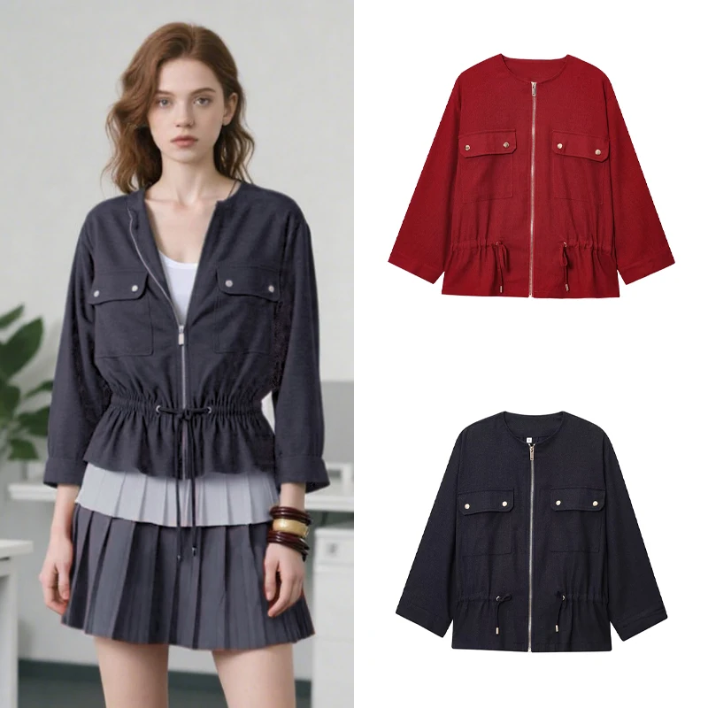 

Womens Jacket Drawstring Waist Patch Pocket Design Trafizaran Spring And Autumn Wear Casual Fashion Woman Clothing