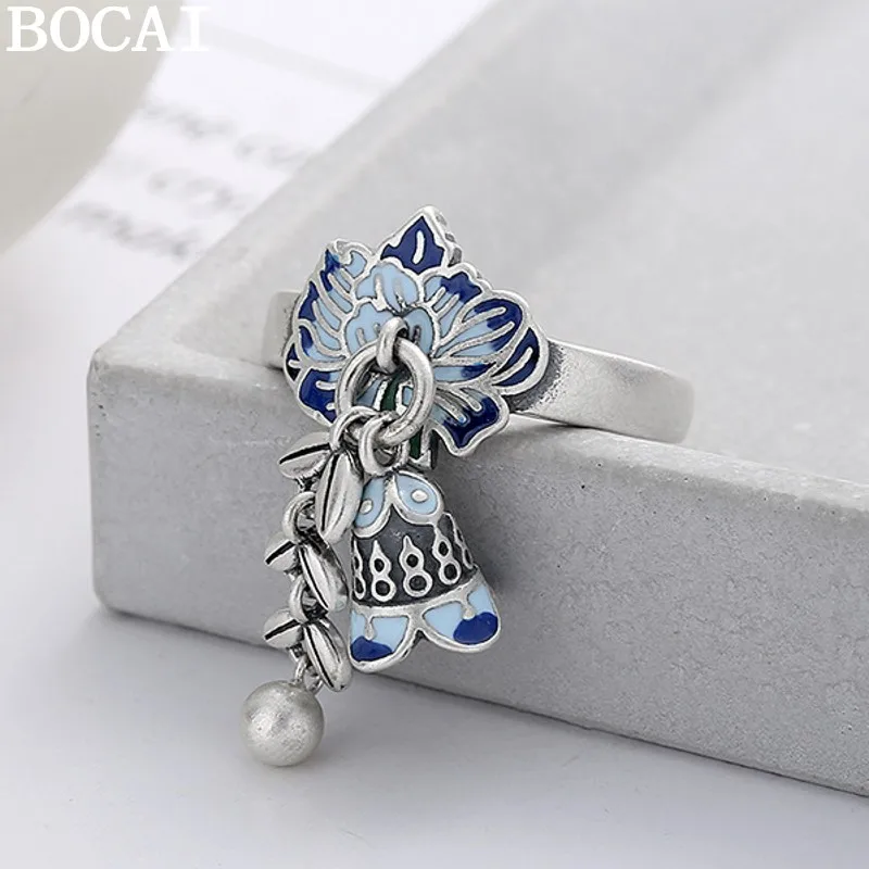 

BOCAI NEW S925 Sterling Silver Retro Creative Blue Drip Glue Wheat Ear Flower Tassel Bell Ring
