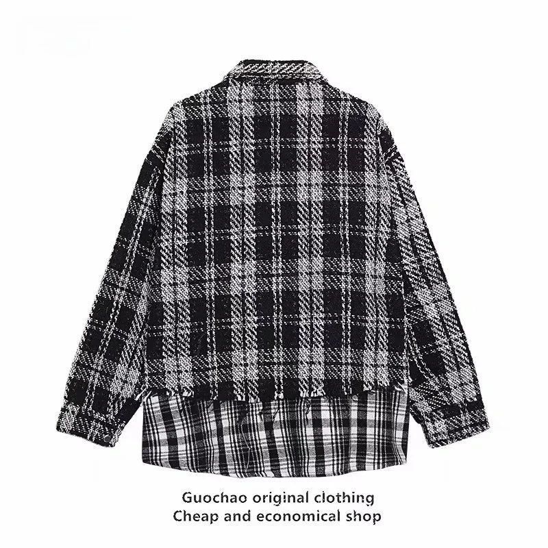 ルーズメンズチェック柄ジャケット Mr. Fu De スモールフレグランススタイル織り接ぎデザイントレンディコットンアウターウェア半袖シングルボタン