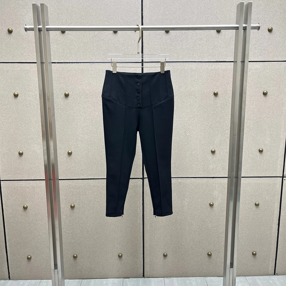 Women High Waist Button Front Cropped Pants Back Pleated Detail Slim Pencil Trousers Zipper Hem Elegant Office Casual Bottoms