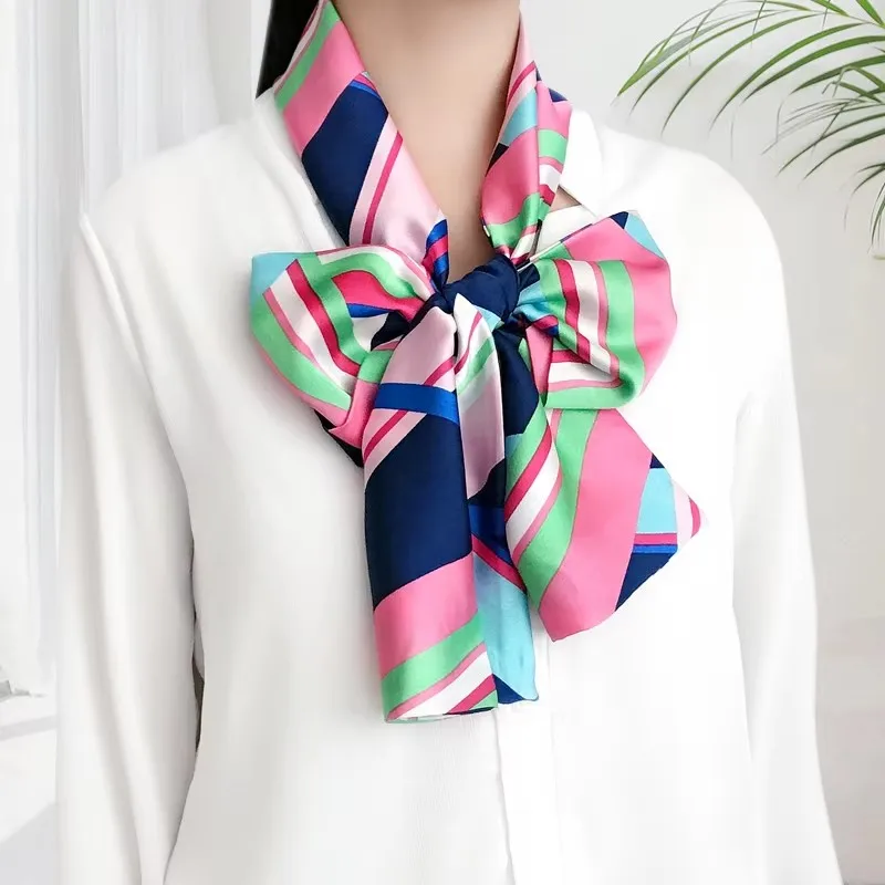 

145X15 см весенний корейский шарф с двусторонним принтом, длинный шелковый атласный шарф для женщин, деловой вечерние шейный платок, шарфы для волос для девочек
