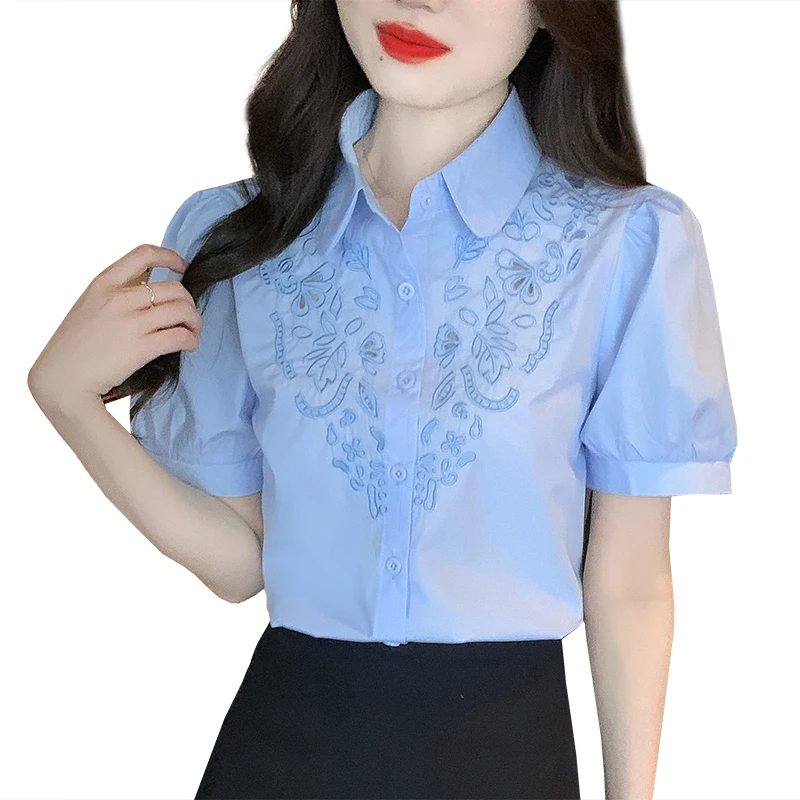 Camisa de manga corta con bordado elegante, Blusa con cuello tipo Polo, manga abombada, novedad de verano, 2024