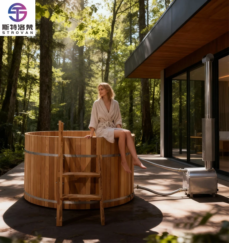 Jacuzzi Exterior de Leña ZXHK con Estufa Externa, Bañera de Madera para Jardín y Patio Trasero