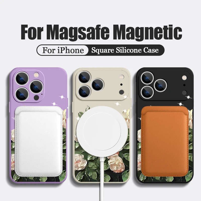 حافظة هاتف مطبوعة على شكل زهرة الورد لهاتف آيفون 17 برو ماكس 16E Air 16 15 14 13 12 Pro Max 11 مغناطيسية لهاتف Magsafe غطاء حبل ناعم من البولي يوريثان #2