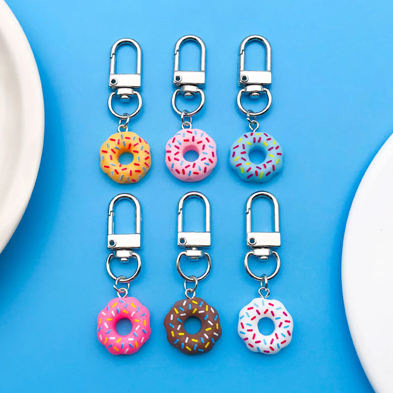 6 unids/lote lindo llavero de donut de resina multicolor, adecuado para llaves, coches, mochilas y regalos navideños para mujeres y niñas