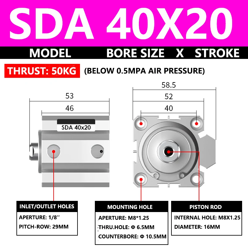 

ABILKEEN SDA40X20 Серия SDA Тонкий воздушный цилиндр 40 мм с внутренней резьбой Диаметр цилиндра X 20 мм Ход поршня Пневматический компактный цилиндр двойного действия