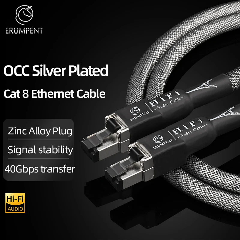 ERUMPENT Cat8 Ethernet Patch Cable OCC Silver Plated Cat8 rj45 Network Cable 40Gbps 2000MHz Audio HiFi Laptop Internet LAN Cable