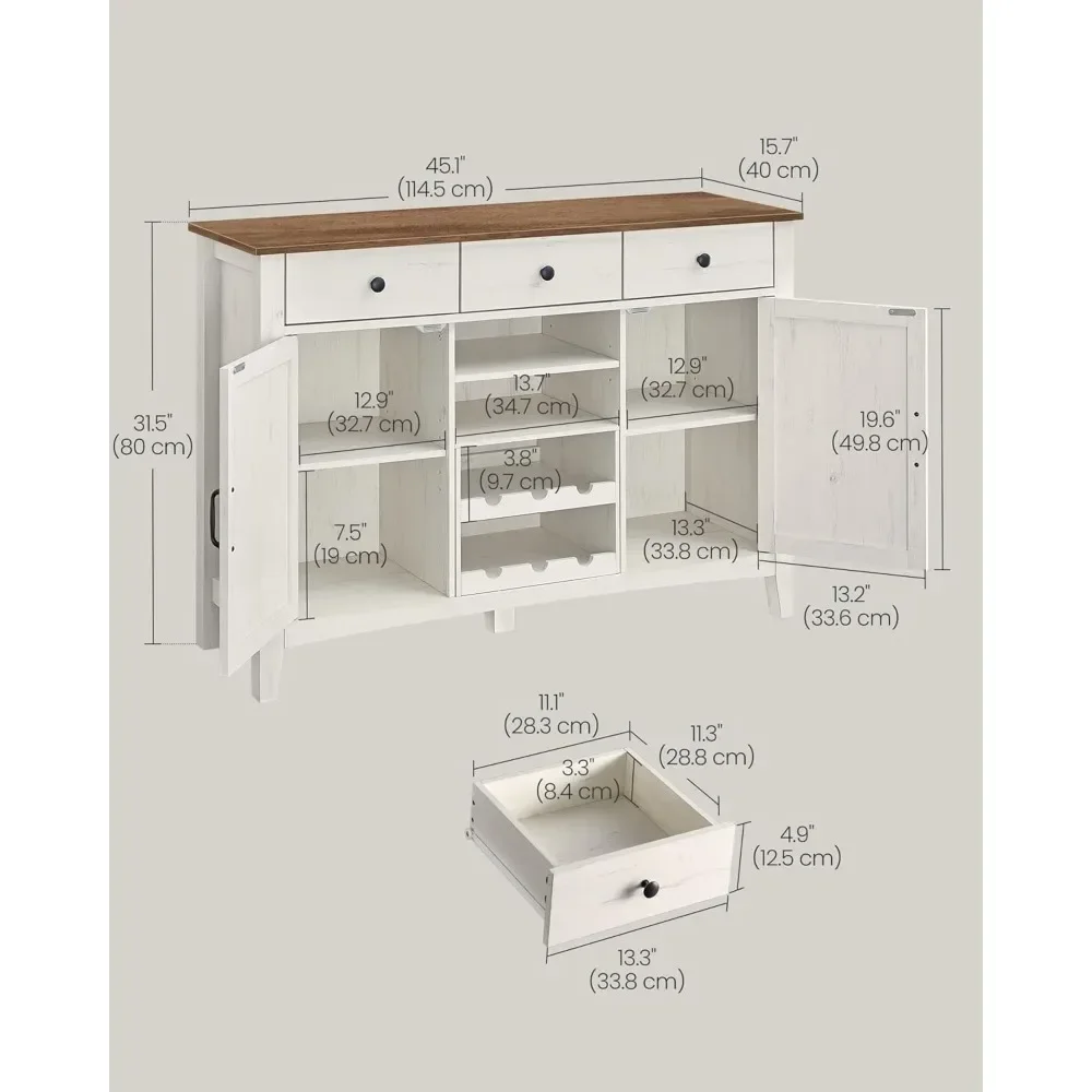 Koffiebarkast, keukenopbergkast met 3 lades, wijnrek, boerderijkast dressoir met verstelbare plank voor