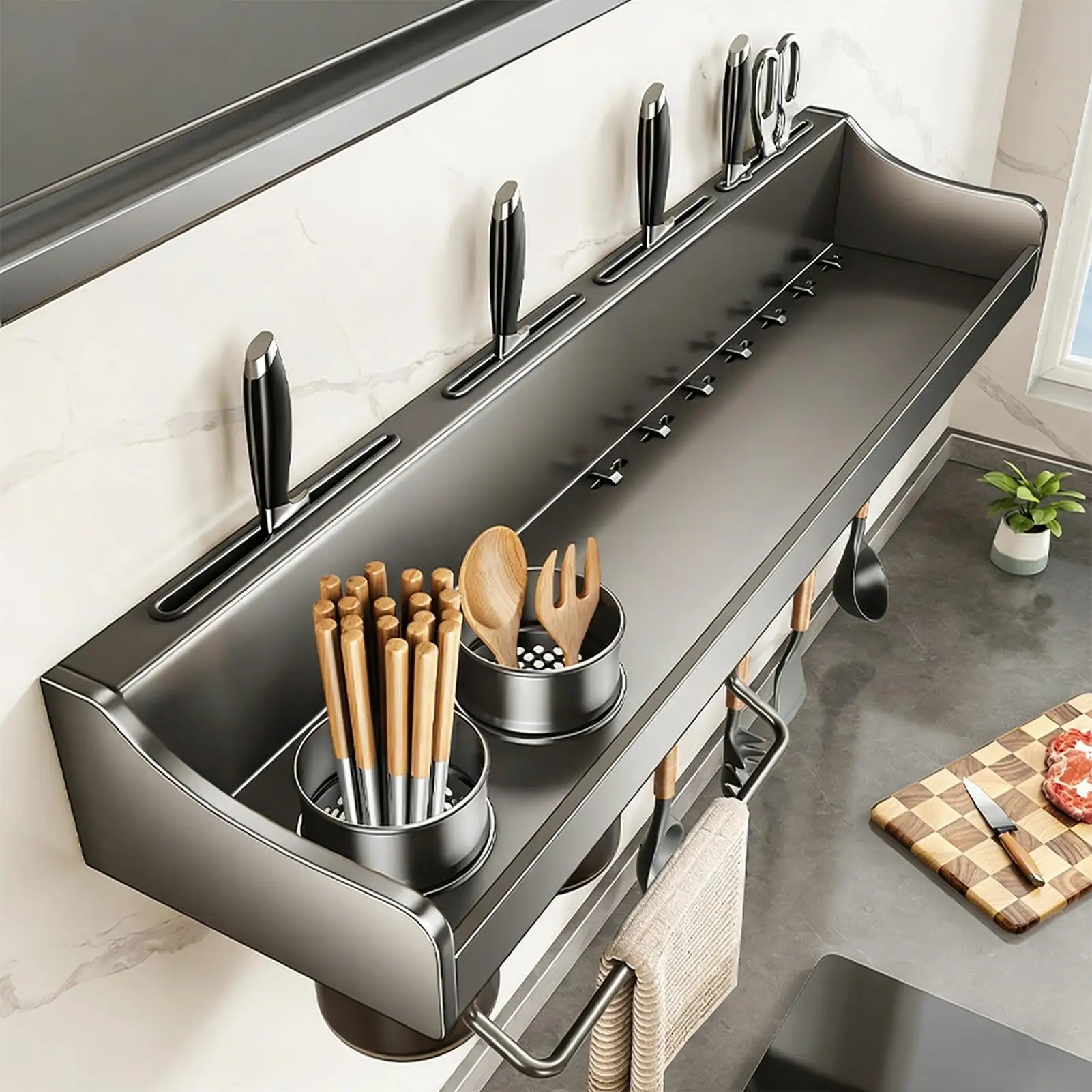 

Kitchen Cutter Holder No-Drill Cutlery Holder Kitchen Shelf Rack for Family Home Indoor Counter Cabinet Cooking Utensil