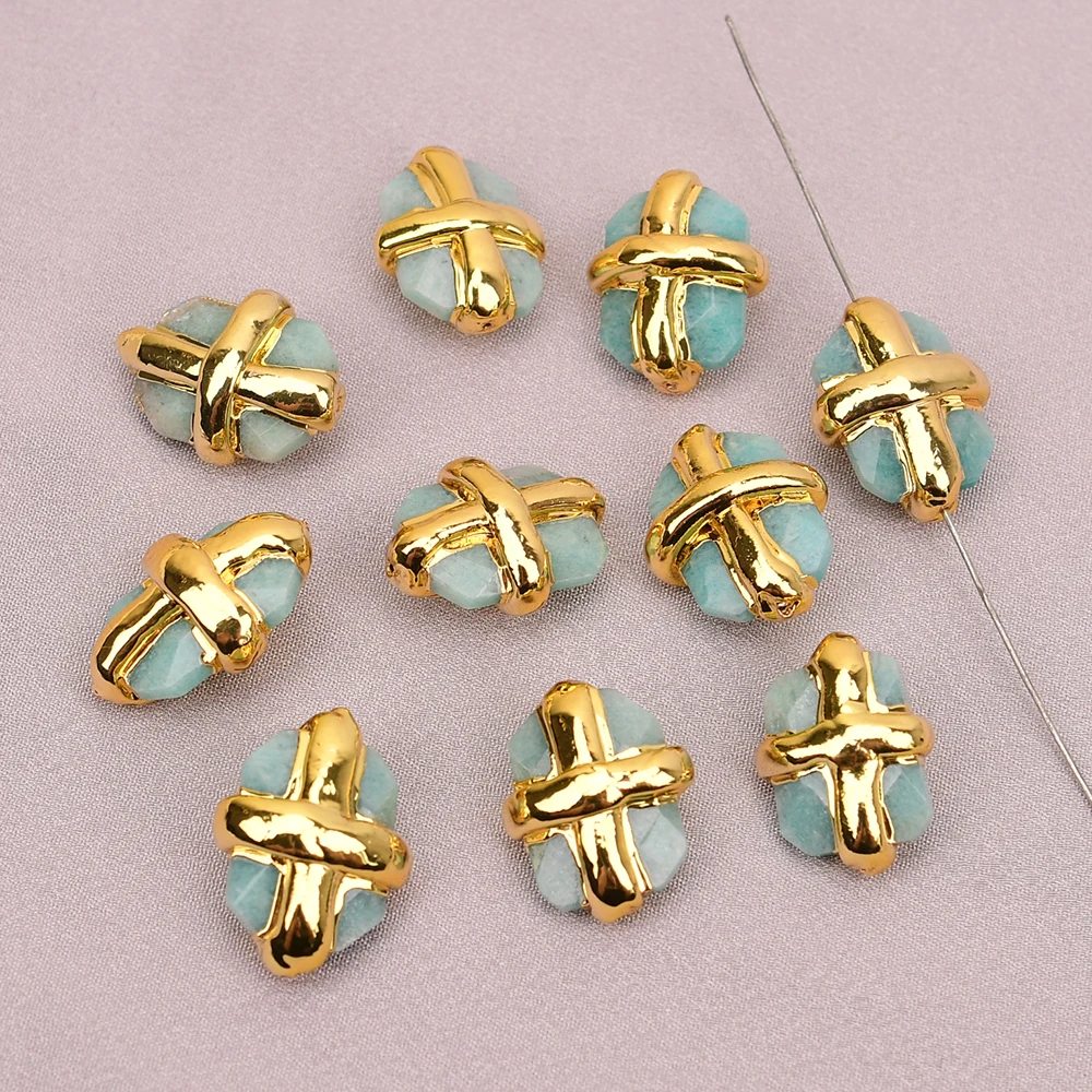 

APDGG Wholesale 10 Pcs Natural Green Amazonite Rectangle Connector Spacer Beads Cross For DIY