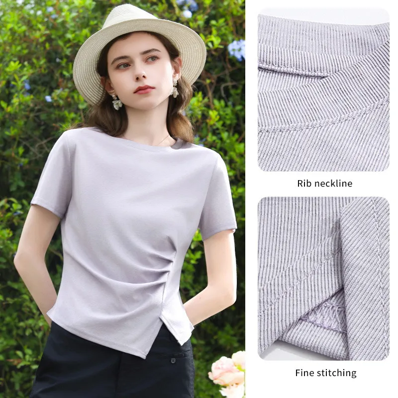 I BELIEVE YOU Purple Short Sleeved Collar T-Shirt 2026 Summer New Wrinkle Irregular Split Hem Office Top For Women 2262016335