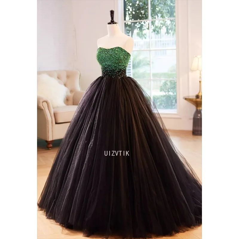 Galajurk Dames Zwart met groene kristallen kralen Strapless Jurken voor speciale gelegenheden Op maat gemaakte formele avondjurken voor galafeesten