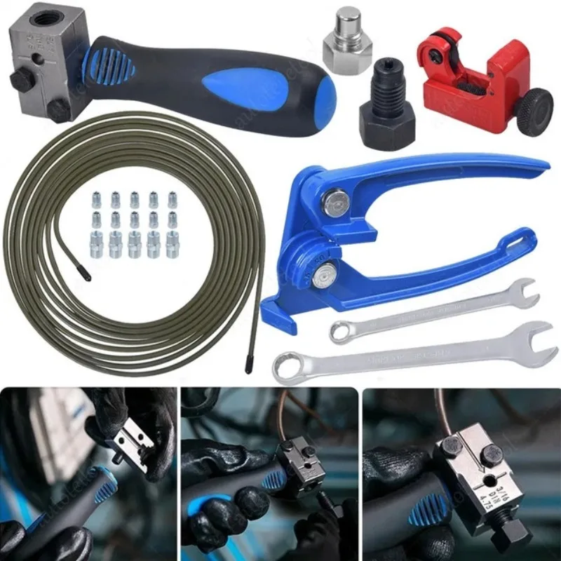 Brake Line Repair Flaring Kit for 3/16 in 4.75 mm Tube, DIN SAE Flaring Clamp, Copper Pipe Cutter, Bender and Hand Wrenches
