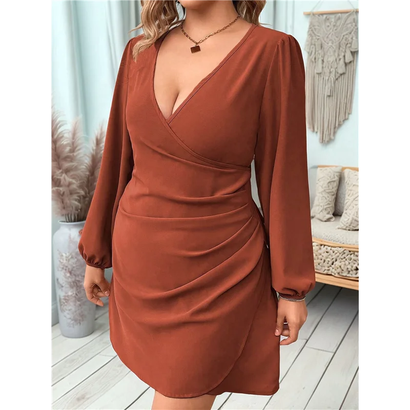 ABRT-grande taille femme portefeuille col en V moulante Mini robe bouffante manches longues froncé
