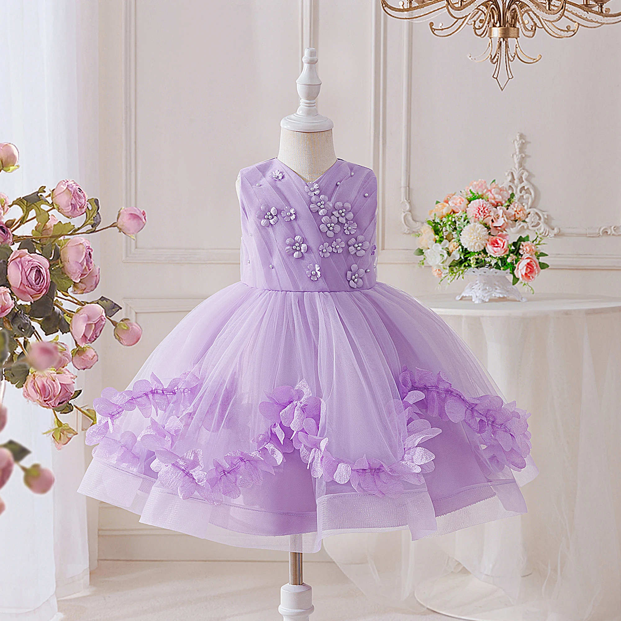 Purple Girls Embroidered Mesh Ball Gown Glossy Banquet Birthday Stage Host Party Piano Performance Evening Dress