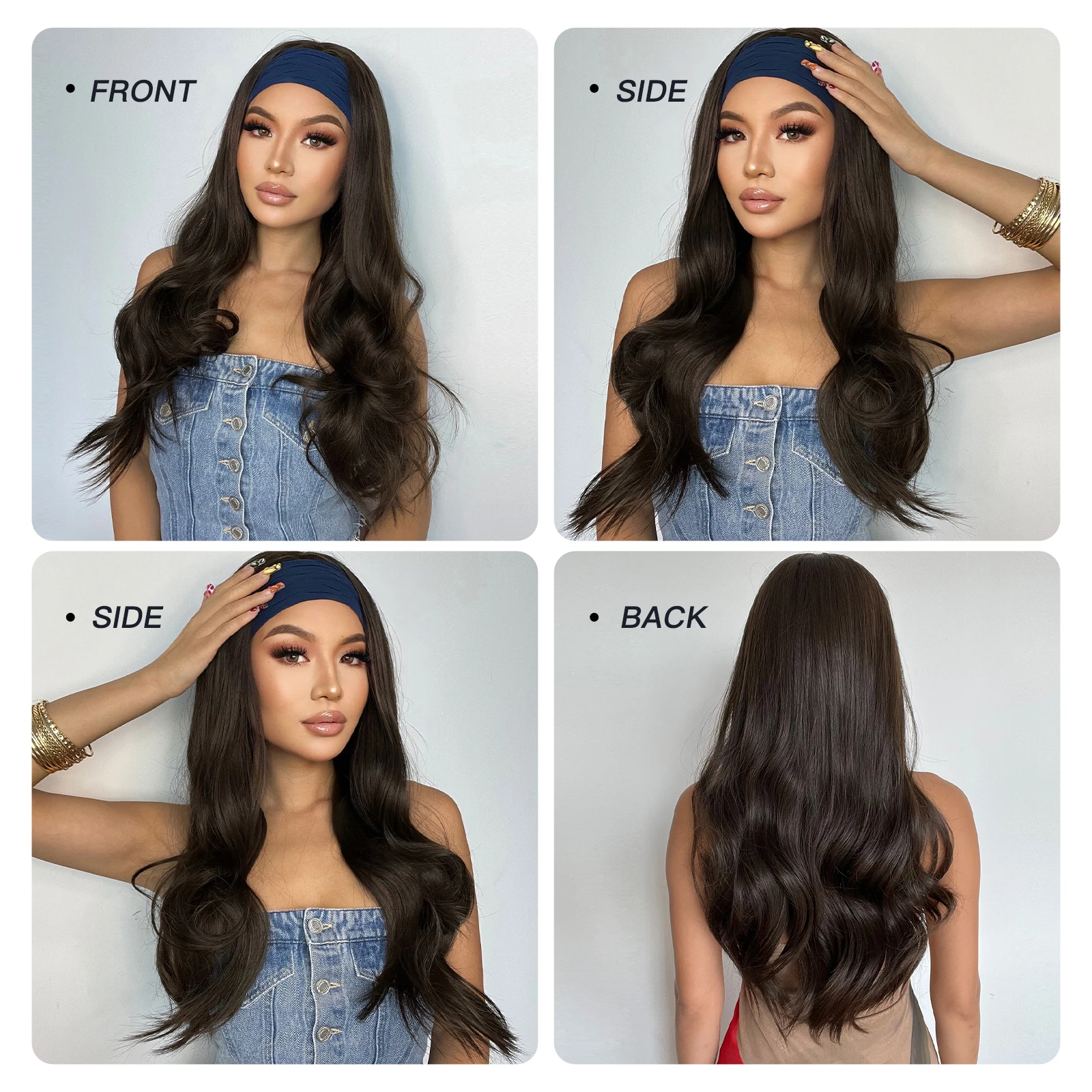 3/4 Half Headband Synthetic Wig for Women Long Wavy Brown Wigs for Women with Comb Head Cap Clip HeadBand Wigs Heat Resistant