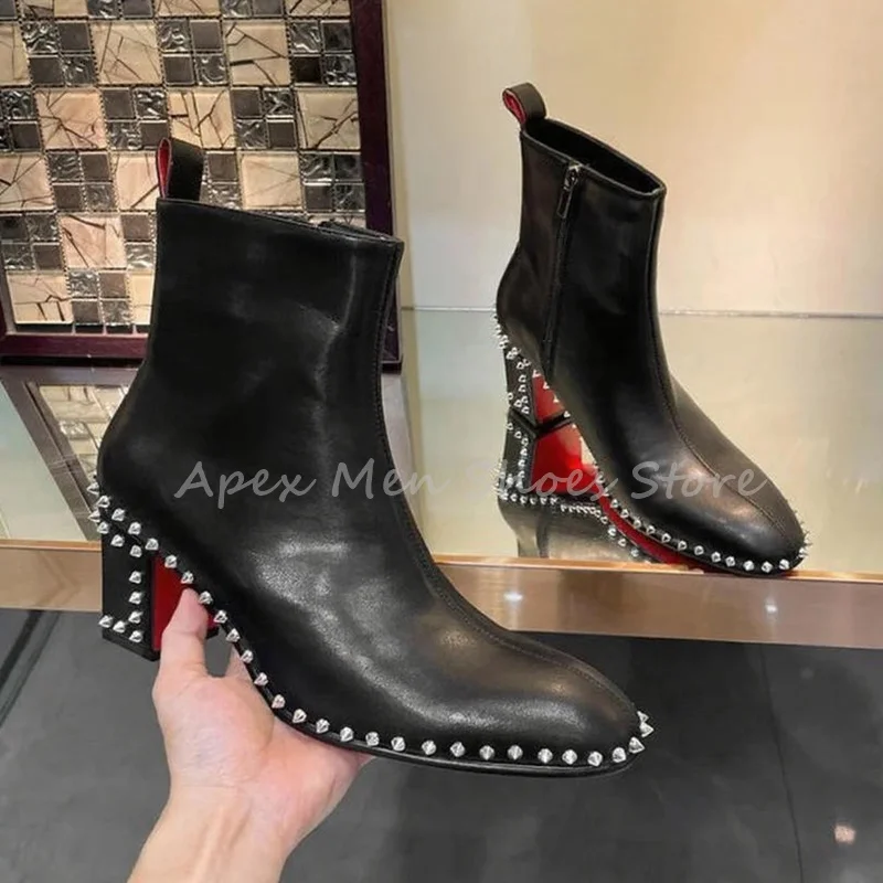 Genuine Leather Men's Studded Rivet Ankle Boots Black Chunky Heel Side Zip Streetwear Trendy Boots Autumn Fashion Modern Boots