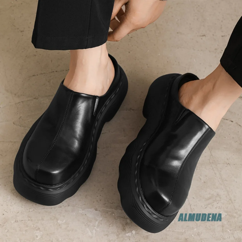 Fashion Men Slip-On Backless Faux Leather Round Toe Chunky Platform Sole Comfort Trendy Mules Versatile Shoes For Spring Autumn