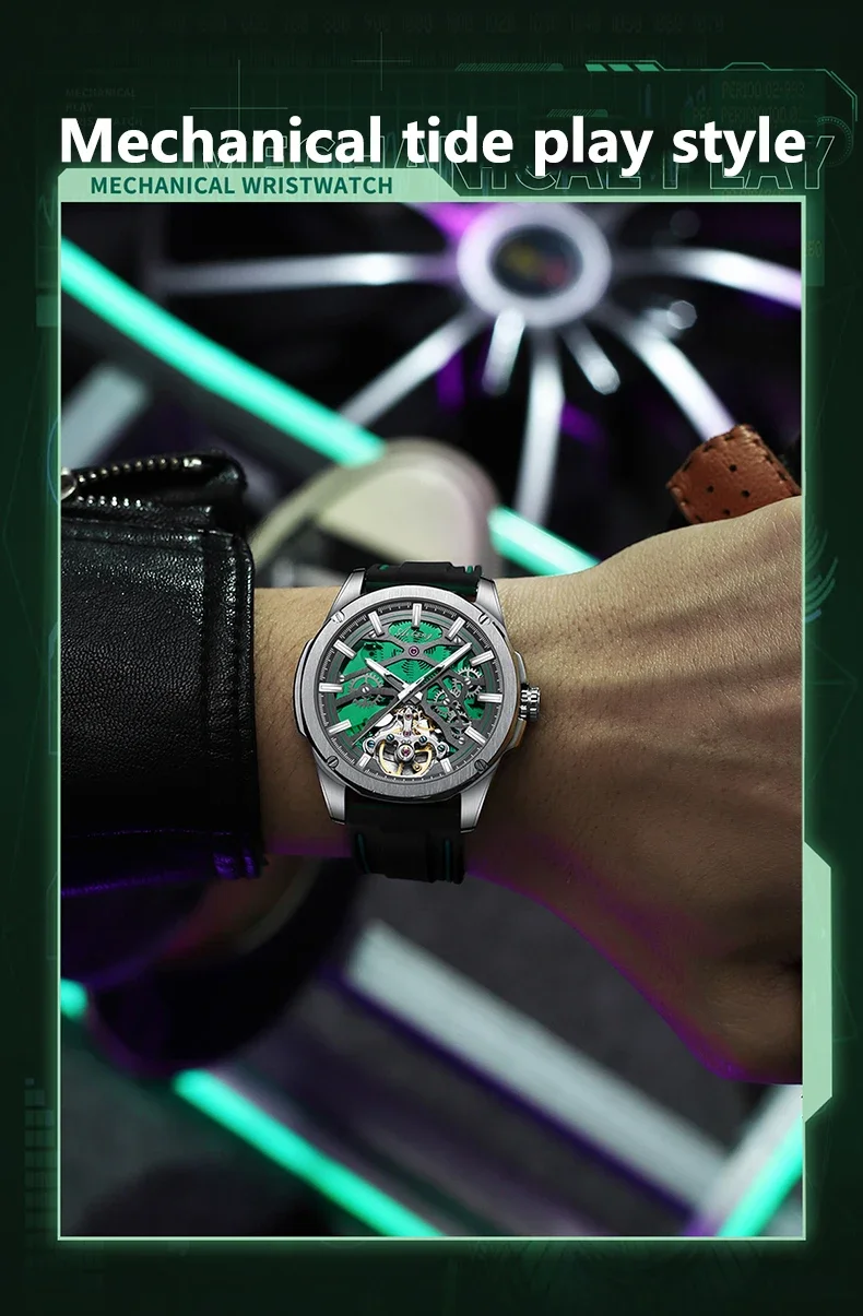 Ailang automatische mechanische Herrenuhr, hohl, leuchtend, Freizeit, Mode, Luxus, Tourbillon-Uhr, wasserdicht, neu. – Detail 3
