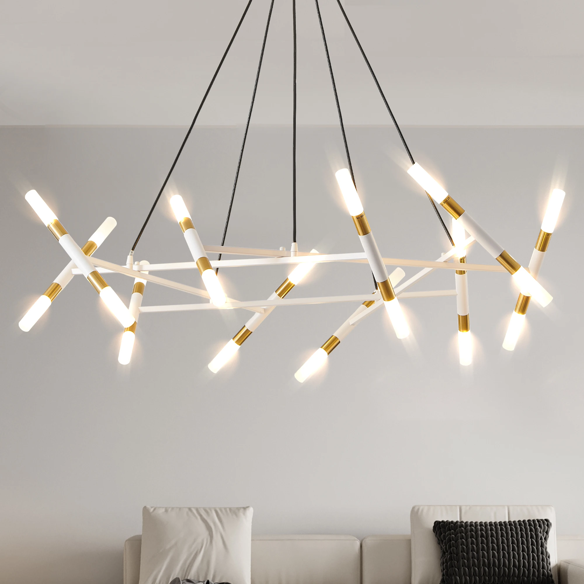 White & Golden Modern Chandelier Light, Branch Design with Frosted Tubes, Black Cords, Adjustable Height Pendant Light(No Bulb)