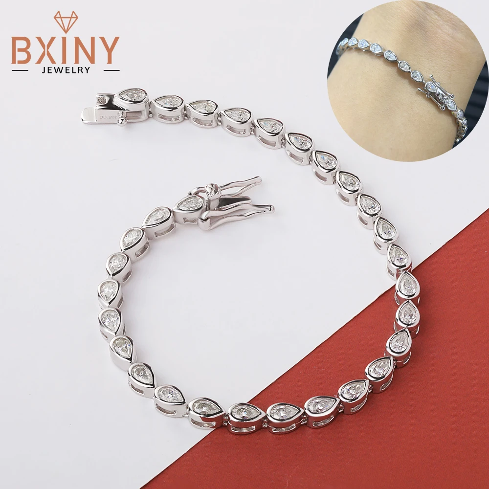 

BXINY Pear Cut All Moissanite Tennis Bracelet S925 Silver for Women Bezel Set Waterdrop Diamond Hand Chain Gift Jewelry with GRA