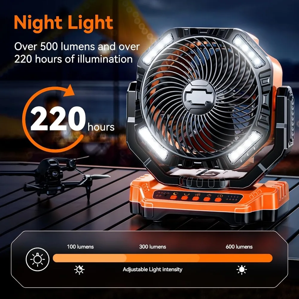 Fan, with LED, 40000mAh Rechargeable Battery Powered Outdoor Tent Fan with Light and Hook, 4 Speed, Personal USB, Fan