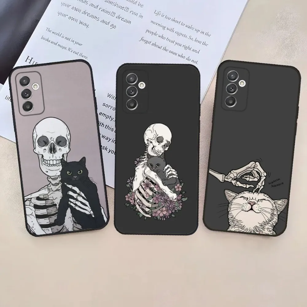 

Skeleton Cat Painted Phone Case For Samsung S24,23,22,30,21,10,9,Ultra,Plus,Lite,FE,5G Black Soft Case
