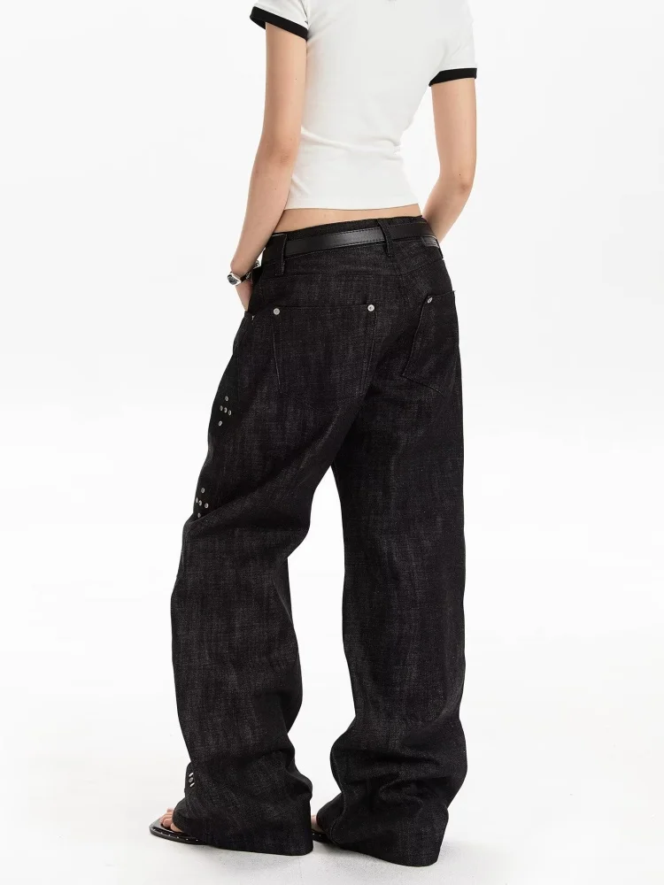 2026 Cyber Y2K Streetwear Rivet Design Black Baggy Women's Stacked Jeans Pants For Woman Clothing Straight Loose Long Trousers