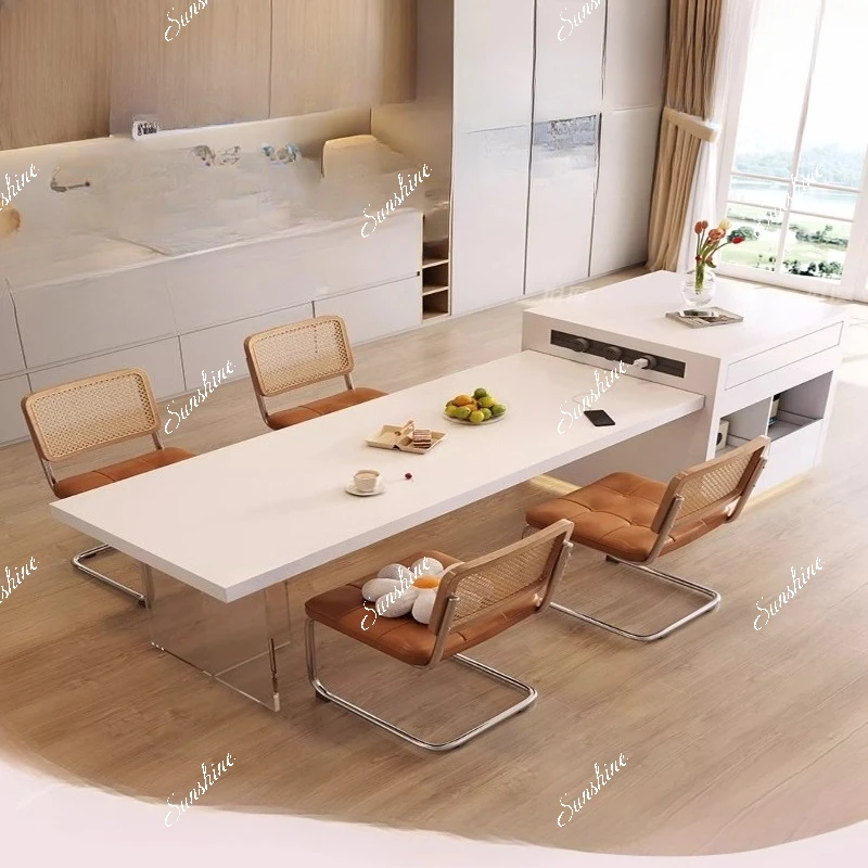 Custom rock slab retractable island table integrated household kitchen