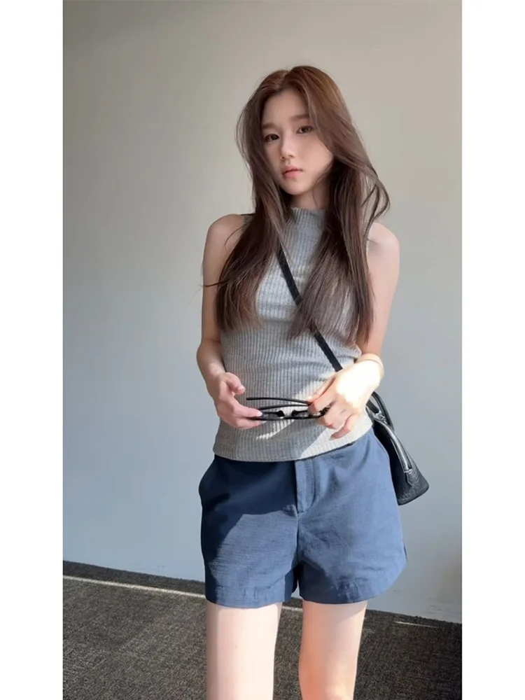 

Summer 2026 Casual Knitted Women's Set Grey Half High Collar Sleeveless Vest High Waist Shorts Two-Piece Fashion Ensemble