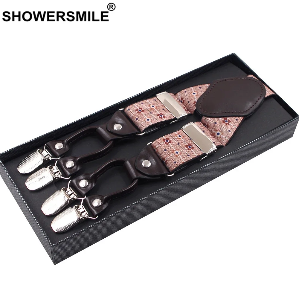 SHOWERSMILE Wide Adult Suspenders Men Braces 6 Clips Plaid Floral Leather Strap High Quality Male Elastic Suspenders 120cm