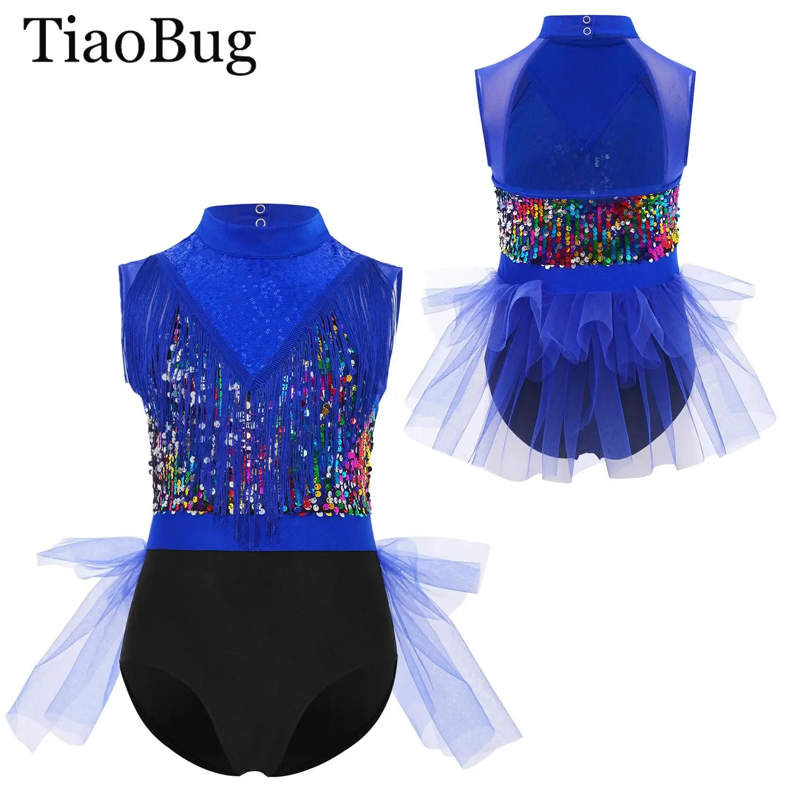 

Girls Ballet Dance Leotard Latin Dance Dress Sleeveless Cutout Back Sequin Tassels Figure Skating Gymnastics Tutu Skirt Bodysuit
