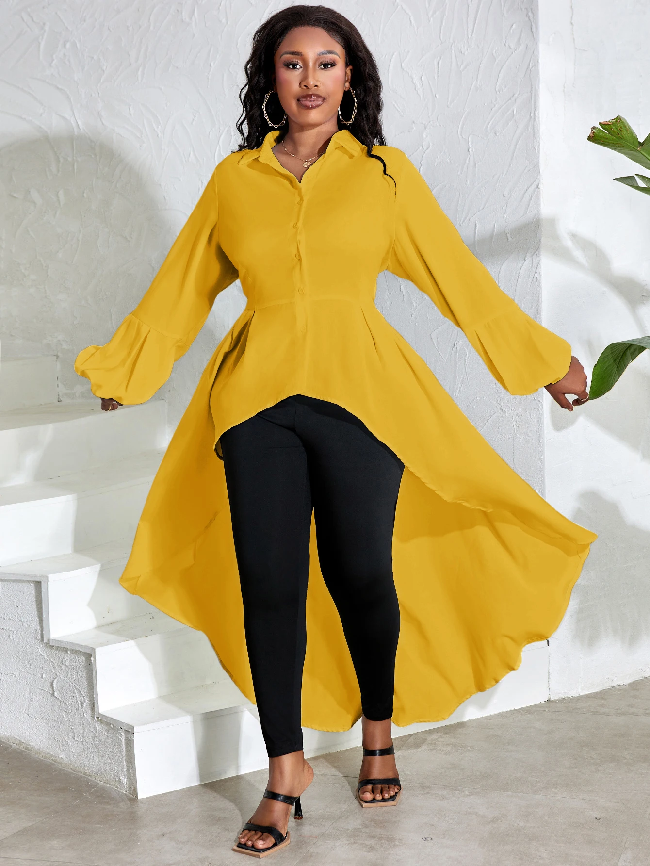 LW Plus Size Asymmetrical A Line Blouse Fashion Shirts Women\'s Hem Blouses Casual Long Puff Sleeve Female Lapale Neck Button Top