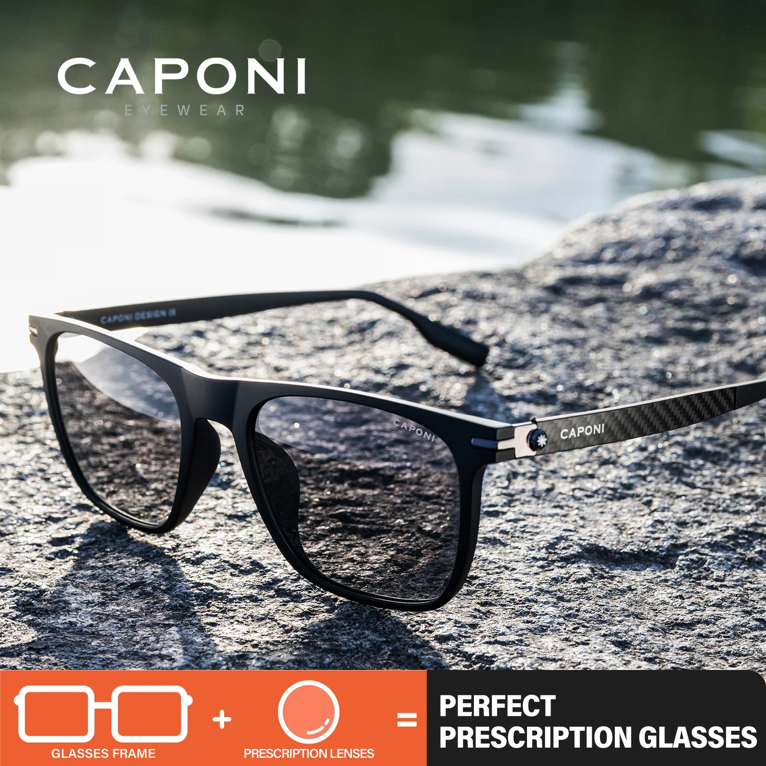 משקפי שמש פולריות עם מרשם CAPONI לגברים, עשויות מסיבי פחמן, משקפי שמש פרוגרסיביות עם ראיית לילה בצבע חום פוטוכרומי PJ24716