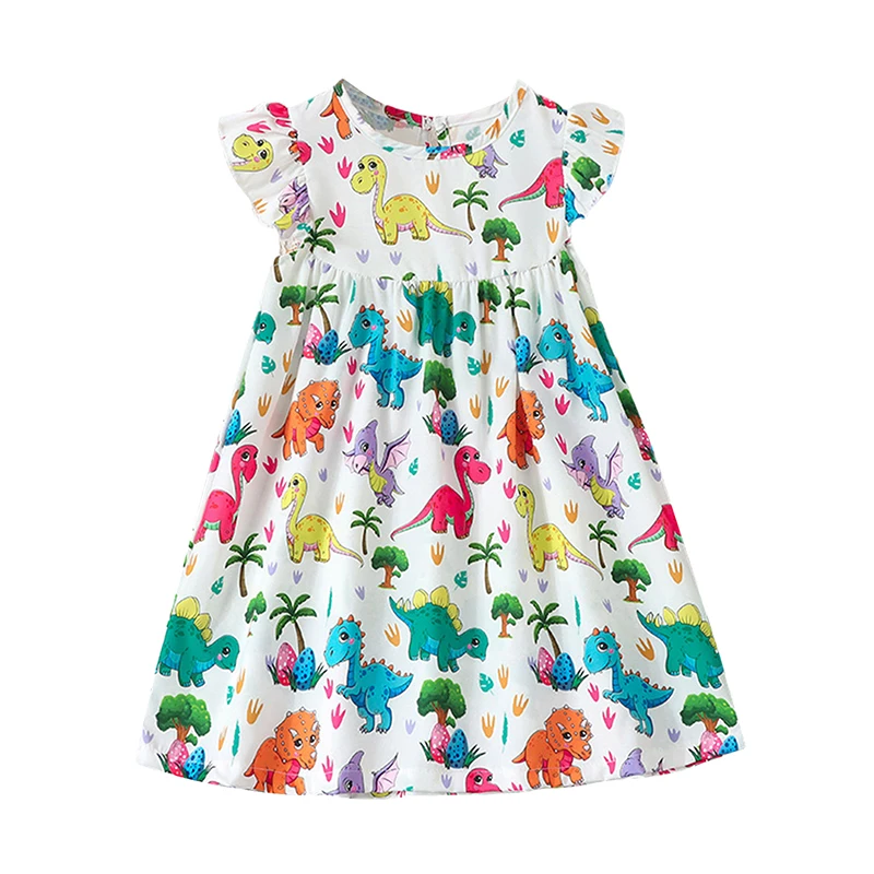 Baby Girl Summer Dress Casual Fly Sleeve Round Neck Dinosaur Print Dress Toddler A-Line Dress