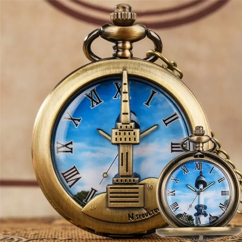 

Vintage Pocket Watch with N Seoul Tower Pattern Men Women Analog Quartz Watches Collectable Clock Necklace Chain Gift reloj