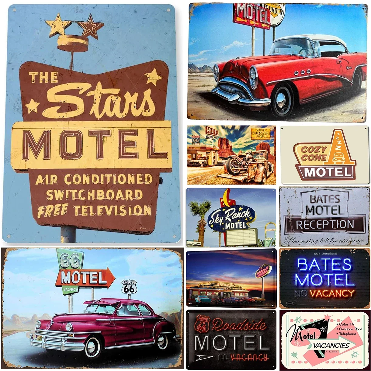 

Vintage Motel Metal Tin Signs Wall Art Route 66 Car Posters for Garage Motel Hotel Club Cafe Bars Pubs Iron Painting Decoration