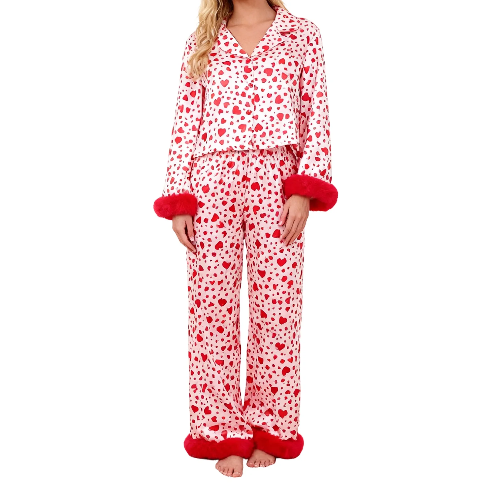 Women s Valentine s Day Pajamas Set Heart Print Button Up Long Sleeve Lapel Tops and Pants Lounge Wear 2 Pcs Set